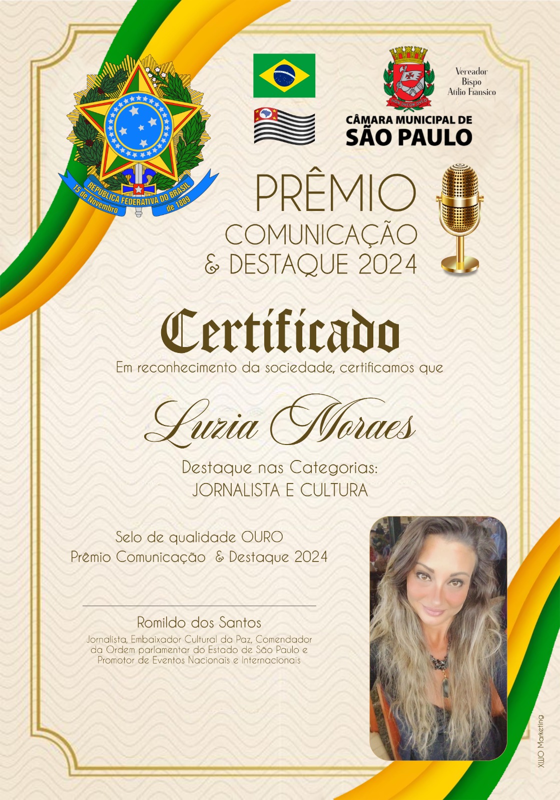 LUZIA MORAES RECEBERÁ O PRÊMIO NA CÂMARA MUNICIPAL DE SÃO PAULO