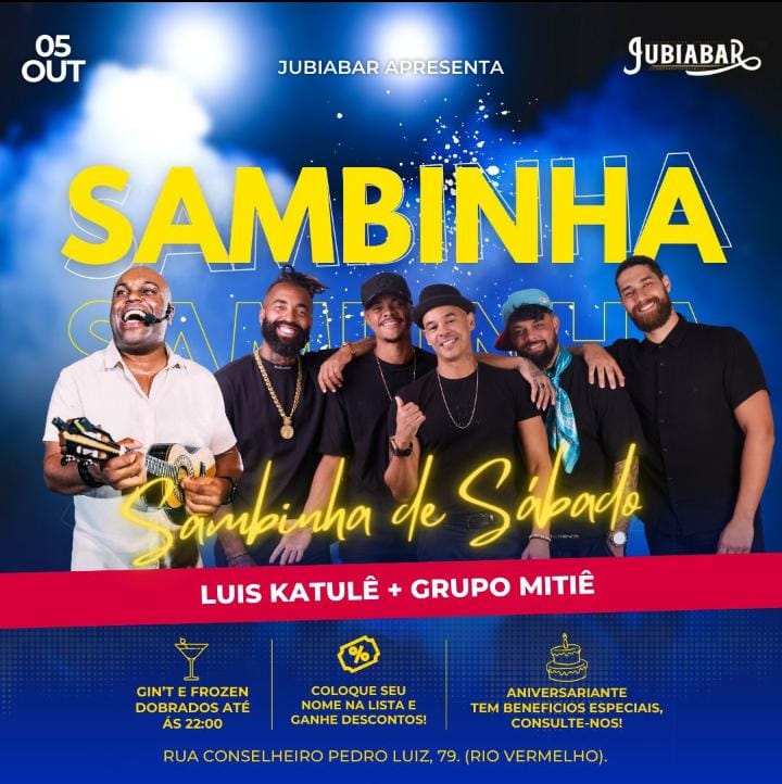 “Sábado do Samba” no Jubiabar com Luis Katulê & Grupo Mitiê. Confira!